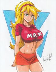 Rule 34 | 1girl, 2020, artist name, blonde hair, clothes writing, collarbone, cowboy shot, female focus, green eyes, hair ornament, highres, long hair, midriff, miniskirt, navel, nina (sanity not included), orange skirt, ravernclouk design, red shirt, red tank top, sanity not included, shirt, short sleeves, simple background, skirt, solo, standing, tank top, thick thighs, thighhighs, thighs, traditional media, v-shaped eyebrows, very long hair