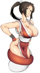 Rule 34 | 1girl, breasts, brown eyes, brown hair, cleavage, commentary request, dress, fatal fury, female focus, gauntlets, gloves, hair ribbon, hand on own hip, high ponytail, highres, japanese clothes, konoshita kiyomasa, large breasts, lips, long hair, looking at viewer, matching hair/eyes, ninja, parted lips, pelvic curtain, ponytail, red dress, red gloves, revealing clothes, ribbon, shiranui mai, simple background, smile, solo, standing, the king of fighters, white background, white ribbon