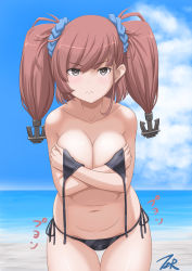 Rule 34 | 1girl, anchor hair ornament, atlanta (kancolle), beach, bikini, black bikini, blue sky, breasts, brown hair, cleavage, cloud, commentary request, covering privates, covering breasts, cowboy shot, day, frown, grey eyes, hair ornament, highres, horizon, kantai collection, large breasts, leaning forward, long hair, looking at viewer, ocean, outdoors, side-tie bikini bottom, sky, solo, swimsuit, t2r, thigh gap, two side up, untied bikini