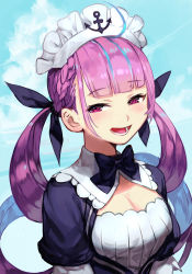 Rule 34 | 1girl, ahoge, aqua hair, blue ribbon, blue sky, braid, breasts, cleavage, cloud, colored inner hair, day, doyagao, french braid, hair ribbon, hololive, hungry clicker, looking at viewer, maid headdress, medium breasts, minato aqua, minato aqua (1st costume), multicolored hair, narrowed eyes, neck ribbon, open mouth, puffy short sleeves, puffy sleeves, purple eyes, purple hair, ribbon, short sleeves, sky, smile, smug, solo, streaked hair, teeth, twintails, upper body, virtual youtuber