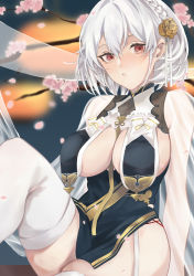 Rule 34 | 1girl, absurdres, azur lane, braid, branch, breast curtains, breasts, cherry blossoms, china dress, chinese clothes, dress, flower, garter straps, grey dress, hair between eyes, highres, karen ngao, large breasts, looking at viewer, neckwear between breasts, official alternate costume, parted lips, pelvic curtain, pink flower, red eyes, revealing clothes, see-through, see-through sleeves, sirius (azur lane), sirius (azure horizons) (azur lane), sitting, skindentation, solo, thighhighs, white hair, white thighhighs
