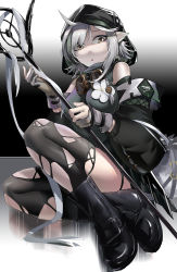 Rule 34 | 1girl, ahoge, arknights, bad id, bad pixiv id, bare shoulders, black footwear, black thighhighs, boots, breasts, chinese commentary, commentary request, crocodilian tail, flower, gloves, goggles, goggles around neck, grey eyes, grey gloves, highres, holding, holding staff, hood, long sleeves, looking at viewer, macreeeeee, medium breasts, parted lips, partial commentary, pointy ears, short hair, silver hair, sitting, solo, staff, tail, thighhighs, thighs, tomimi (arknights), torn clothes, torn thighhighs, white flower