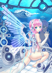 Rule 34 | 1girl, absurdres, android, ass, barefoot, blue eyes, detached sleeves, highres, k+, legs, original, pink hair, reflection, short hair, solo, thighhighs, underwater, water, whale, wings
