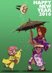 Rule 34 | 10s, 2016, 3girls, breasts, closed eyes, fang, flower, flower on head, green background, japanese clothes, kimono, large breasts, long hair, ms. fortune (skullgirls), multiple girls, new year, open mouth, parasol, parasoul (skullgirls), pink hair, red hair, sandals, setsuson, short hair, skullgirls, smile, umbrella, umbrella (skullgirls), yellow eyes