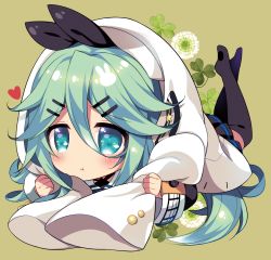 Rule 34 | 1girl, black skirt, black thighhighs, blush, commentary request, green eyes, green hair, hair between eyes, hair ornament, hair ribbon, hairclip, heart, heart-shaped pupils, highres, jacket, kantai collection, looking at viewer, pout, ribbon, ringo sui, simple background, skirt, solo, symbol-shaped pupils, thighhighs, white jacket, yamakaze (kancolle), zettai ryouiki
