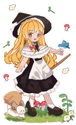 Rule 34 | 1girl, absurdres, adapted costume, animal, apron, bird, bird on hand, black dress, black hat, blonde hair, blue bird, braid, broom, brown footwear, capelet, clynxen, dress, flower, frilled dress, frills, full body, grass, hat, highres, kirisame marisa, long hair, looking at viewer, mushroom, open mouth, shoes, single braid, socks, solo, teeth, touhou, upper teeth only, white apron, white background, white capelet, white flower, white socks, witch hat, yellow eyes