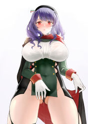 Rule 34 | 1girl, absurdres, azur lane, beret, black cape, black dress, black hat, black panties, blush, bra, bra visible through clothes, breasts, cape, center frills, cl (summer sama), covered navel, dress, epaulettes, framed breasts, frills, from below, garter straps, gloves, gluteal fold, green dress, hat, highres, italian flag, lace, lace-trimmed bra, lace trim, large breasts, long hair, looking at viewer, looking down, panties, pola (azur lane), purple hair, pussy juice, red cape, red eyes, simple background, skin tight, skindentation, solo, taut clothes, taut dress, thighs, two-tone cape, two-tone dress, underwear, white background, white gloves