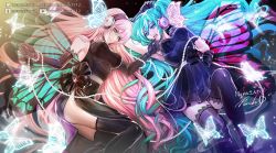Rule 34 | 2girls, aqua eyes, aqua hair, ass, beads, black dress, black gloves, black legwear, black theme, bug, butterfly, butterfly hair ornament, diffraction spikes, dress, elbow gloves, feet out of frame, gloves, glowing butterfly, hair ornament, half-closed eyes, hand on another&#039;s chin, hatsune miku, headphones, insect, lace, lace-trimmed legwear, lace trim, light particles, long hair, looking at another, lying, magnet (vocaloid), megurine luka, moreshan, multiple girls, on side, open mouth, pink hair, side slit, signature, smile, thighhighs, twintails, very long hair, vocaloid, wide shot, yuri
