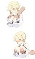 Rule 34 | 1boy, 1girl, absurdres, blonde hair, blush, grabbing another&#039;s breast, breasts, breath, cropped torso, detached sleeves, dress, genshin impact, grabbing, hair between eyes, highres, ia (ias1010), large breasts, lumine (genshin impact), multiple views, nipples, nose, offscreen person, open clothes, orange eyes, parted lips, short hair with long locks, simple background, solo focus, sweat, upper body, white background, white dress
