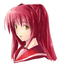 Rule 34 | 00s, kousaka tamaki, looking at viewer, open mouth, red hair, school uniform, serafuku, simple background, smile, solo, to heart (series), to heart 2, white background, yellow eyes