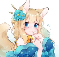 Rule 34 | 1girl, animal ears, azur lane, bell, blonde hair, blue eyes, blue kimono, blush, breast press, breasts, fox ears, fox tail, fur collar, gradient background, green background, japanese clothes, jingle bell, kimono, kitsune, large breasts, long hair, long sleeves, looking at viewer, multiple tails, niizuki (azur lane), shichijou natori, solo, tail, thick eyebrows, upper body, wavy mouth, wide sleeves