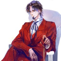 Rule 34 | 1boy, blue eyes, brown hair, cane, chacall, command spell, facial hair, fate/zero, fate (series), formal, gem, goatee, staff, suit, tohsaka tokiomi