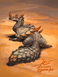 Rule 34 | animal focus, dragon, from behind, full body, highres, horns, looking at viewer, looking back, no humans, original, reptile, scales, signature, single horn, solo, tail, twitter username, yamamura le, yellow eyes
