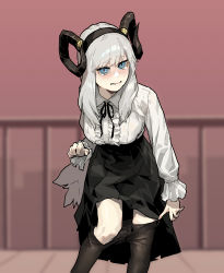 Rule 34 | 1girl, absurdres, black hairband, black pantyhose, black ribbon, black skirt, blouse, blue eyes, blush, breasts, clenched teeth, clothes pull, commentary, curled horns, gogalking, grey hair, hairband, highres, horn ornament, horns, large breasts, leaning forward, long hair, long skirt, long sleeves, looking at viewer, neck ribbon, original, pantyhose, pantyhose pull, pleated skirt, pulled by self, ribbon, scared, shirt, skirt, solo, symbol-only commentary, tears, teeth, very long hair, white shirt