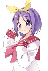 Rule 34 | 1girl, blush, bow, bright pupils, closed mouth, dot nose, eyes visible through hair, hair bow, hair ornament, hands up, haru (konomi 150), highres, hiiragi tsukasa, long sleeves, looking at viewer, lucky star, medium hair, neckerchief, purple eyes, purple hair, red neckerchief, red sailor collar, ryouou school uniform, sailor collar, school uniform, serafuku, shirt, simple background, sleeves past wrists, smile, solo, split mouth, straight hair, tareme, upper body, white background, white shirt, yellow bow