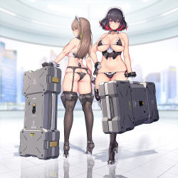 Rule 34 | 2girls, ass, bikini, black gloves, black hair, black legwear, blade (nidy), blue eyes, blush, breasts, brown hair, butt crack, case, choker, cleavage, closed mouth, commentary request, female focus, from behind, garter belt, gloves, hand on own hip, high heels, holding, holding suitcase, indoors, javelin (nidy), large breasts, long hair, looking at viewer, maid, maid bikini, maid headdress, micro bikini, multicolored hair, multiple girls, nidy, original, purple eyes, red hair, reflective floor, revealing clothes, short hair, sideboob, skindentation, smile, standing, streaked hair, suitcase, swimsuit, thighhighs, thighs, tile floor, tiles, unconventional maid, underboob, underbust, weapon case, white gloves, wrist cuffs