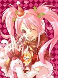 Rule 34 | 00s, 1girl, 2007, ;d, artist name, bad id, bad pixiv id, bow, capelet, christmas, gloves, hair ornament, hat, heart, holly, holly hair ornament, long hair, looking at viewer, microphone, one eye closed, open mouth, pink eyes, pink hair, rem (tsulala), ribbon, santa costume, smile, solo, twintails, upper body, white gloves, wink
