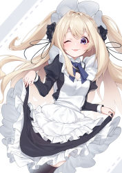 Rule 34 | absurdres, apron, black dress, black flower, black ribbon, blonde hair, blue eyes, blush, breasts, commentary request, dress, flower, frills, hair flower, hair ornament, highres, long hair, long sleeves, looking at viewer, maid, maid apron, maid headdress, one eye closed, original, ribbon, small breasts, smile, takatun223, tongue, tongue out, two side up