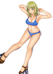 Rule 34 | 1girl, :o, armpits, arms up, bare legs, bikini, blonde hair, blue bikini, blush, breasts, cleavage, closed eyes, collarbone, dutch angle, from above, head tilt, invisible chair, looking at viewer, looking up, medium breasts, muffin (sirumeria), original, parted lips, platform footwear, sandals, simple background, sitting, solo, swimsuit, tareme, underboob, white background