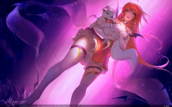Rule 34 | 1girl, absurdres, borrowed character, breasts, cat, cleavage, crossed bangs, dress, dutch angle, earrings, elbow gloves, fangs, gloves, hair ornament, highres, horns, jewelry, kardie, league of legends, lips, long hair, looking at viewer, medium breasts, red eyes, red hair, solo, star guardian (league of legends), thighhighs, white gloves, white thighhighs, wings