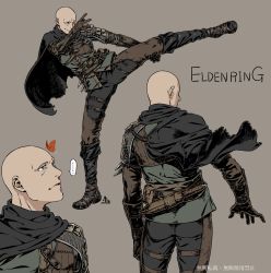 Rule 34 | ..., 1boy, ass, bald, belt, black cape, black footwear, black pants, boots, brown belt, brown gloves, brown pants, bug, butterfly, cape, elden ring, facing away, from behind, gloves, grey background, highres, insect, kamezaemon, knee boots, knife, leg up, looking up, male focus, pants, patches (from software), simple background, speech bubble, torn cape, torn clothes, translation request