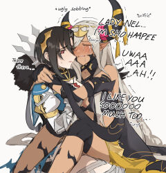 Rule 34 | 2girls, asymmetrical bangs, asymmetrical horns, bare shoulders, black hair, black horns, cleavage cutout, closed eyes, clothing cutout, crying, dragon girl, fire emblem, fire emblem engage, fur trim, hair ornament, hair over eyes, hair over one eye, happy tears, horns, hug, jewelry, long hair, long sleeves, mature female, multiple girls, necklace, nel (fire emblem), nervous smile, nintendo, open mouth, parted bangs, pointy ears, puffy sleeves, red eyes, ribbon, short hair, smile, streaming tears, tan, tassel, tassel hair ornament, tears, tencryingemojis, uneven horns, very long hair, zelestia (fire emblem)