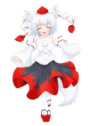 Rule 34 | 1girl, animal ears, bad deviantart id, bad id, bare shoulders, blush, breasts, closed eyes, detached sleeves, deviantart thumbnail, fang, happy, hat, highres, image sample, inubashiri momiji, kamil dabrowski, medium breasts, open mouth, pom pom (clothes), shirt, short hair, silver hair, simple background, skirt, solo, tail, tokin hat, touhou, white background, white shirt, wolf ears, wolf tail