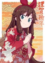 Rule 34 | 1girl, bow, brown hair, closed mouth, commentary request, floral print, green eyes, hair ribbon, hairband, hands up, happy new year, highres, japanese clothes, kimono, long hair, long sleeves, looking at viewer, new year, obi, original, own hands together, red bow, red hairband, red kimono, ribbon, santa costume, sash, seigaiha, sidelocks, smile, solo, standing, tress ribbon, very long hair, wide sleeves, yellow background, yokoyoko (nazonazo)