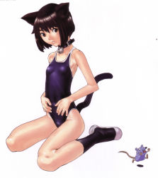 Rule 34 | 1girl, animal ears, bell, neck bell, brown eyes, brown hair, cat ears, cat tail, collar, flat chest, hakua ugetsu, highres, one-piece swimsuit, scan, short hair, solo, swimsuit, tail
