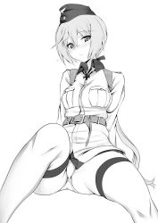 Rule 34 | 1girl, a9b (louis814), absurdres, blush, breasts, closed mouth, greyscale, hanna rudel, hat, highres, looking at viewer, medium breasts, military, military hat, military uniform, monochrome, panties, scar, scar on face, short hair, simple background, solo, thighhighs, underwear, uniform, world witches series