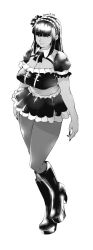 Rule 34 | 10s, 1girl, 2014, bare shoulders, blunt bangs, boots, breasts, character request, cleavage, cleavage cutout, clothing cutout, copyright request, dated, full body, highres, large breasts, light smile, long hair, looking at viewer, maid, maid headdress, microskirt, midriff, monochrome, orushibu, pantyhose, platform footwear, pleated skirt, plump, puffy short sleeves, puffy sleeves, short sleeves, sidelocks, simple background, skirt, solo, standing, white background