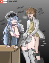 Rule 34 | absurdres, akame ga kill!, black hair, blue eyes, blush, breasts, breasts out, brown hair, chest tattoo, cindy toons, clothed sex, cum, cum in pussy, doggystyle, esdeath, green eyes, hat, heart, heavy breathing, highres, huge breasts, long hair, looking at another, military hat, military uniform, open mouth, sex, sex from behind, spoken heart, standing, standing sex, sweat, tatsumi (akame ga kill!), tattoo, uniform