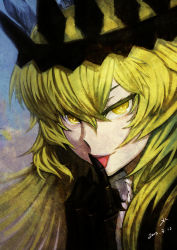 Rule 34 | 10s, 1girl, absurdres, black rock shooter, blonde hair, chariot (black rock shooter), highres, long hair, shuizhanglang, solo, tongue, yellow eyes