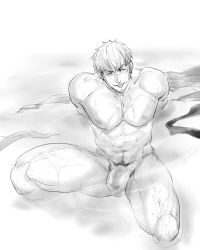 Rule 34 | 1boy, abs, alternate hairstyle, bara, blush, bulge, facial hair, fate/grand order, fate (series), fundoshi, goatee, greyscale, japanese clothes, large pectorals, long sideburns, looking at viewer, male focus, male underwear, monochrome, muscular, napoleon bonaparte (fate), pectorals, scar, sideburns, sketch, smile, solo, soulga3, thighs, underwear, underwear only, white male underwear