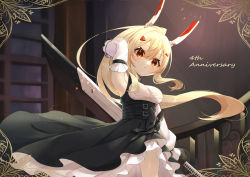 Rule 34 | 1girl, absurdres, anniversary, arm up, armpits, ayanami (azur lane), ayanami (nightfall raiment) (azur lane), azur lane, bare shoulders, black bow, black dress, blonde hair, bow, breasts, closed mouth, commentary request, detached sleeves, dress, ebichiri sunday, hair between eyes, hair ornament, hairclip, headgear, high ponytail, highres, holding, holding sword, holding weapon, indoors, long hair, medium breasts, official alternate costume, ponytail, red eyes, solo, sword, very long hair, weapon, white sleeves