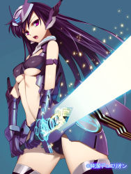Rule 34 | 1girl, armlet, bare shoulders, breasts, copyright name, gauntlets, glowing, headgear, junketsu duelion, long hair, mecha musume, official art, open mouth, oumigahara kirei, purple eyes, purple hair, simple background, solo, sword, thighhighs, underboob, weapon, yangsion