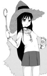 Rule 34 | 1girl, book, greyscale, hat, holding, holding book, holding wand, hubrael, lineart, long hair, long sleeves, monochrome, neckerchief, original, pleated skirt, school uniform, serafuku, skirt, solo, standing, very long hair, wand, witch, witch hat
