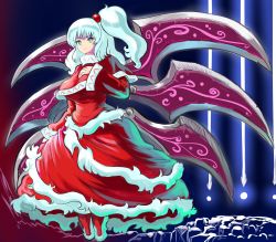 Rule 34 | 1girl, breasts, dress, flower, full body, grey eyes, hair bobbles, hair ornament, hand on own chest, highres, large breasts, long hair, long sleeves, pc-98 (computer), profitshame, red dress, red flower, shinki (touhou), side ponytail, silver hair, touhou, wide sleeves, wings