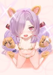 Rule 34 | 1girl, animal ears, animal hands, bikini, blush, breasts, claws, collarbone, commentary request, fake animal ears, fangs, full body, gloves, gold bikini, granblue fantasy, hair over one eye, hair over shoulder, hair ribbon, highres, kneeling, long hair, looking at viewer, low-tied sidelocks, meshiya, navel, niyon (granblue fantasy), open mouth, paw gloves, paw shoes, petite, pink eyes, purple hair, ribbon, small breasts, solo, striped ribbon, swimsuit, twintails, very long hair