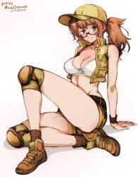 Rule 34 | 1girl, artist name, baseball cap, blush, breasts, brown eyes, brown footwear, brown hair, brown jacket, brown shorts, cleavage, commentary, cropped jacket, dated, english text, fio germi, glasses, hat, jacket, knee pads, large breasts, long hair, looking at viewer, metal slug, midriff, mina cream, open clothes, open jacket, ponytail, round eyewear, shadow, shoes, short shorts, shorts, sidelocks, sitting, sleeveless, sleeveless jacket, smile, socks, solo, tank top, teeth, white tank top, wristband