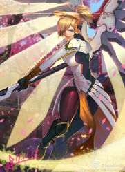 Rule 34 | 1girl, absurdres, armor, artist name, blonde hair, blue eyes, blue sky, blurry, blurry background, bodysuit, breasts, brown pantyhose, building, cherry blossoms, cowboy shot, dated, day, emblem, energy beam, faulds, glowing, glowing wings, greaves, hair over one eye, high ponytail, highres, holding, holding staff, looking at viewer, mechanical wings, medium breasts, mercy (overwatch), nose, outdoors, overwatch, overwatch 1, pantyhose, parted lips, patch, pelvic curtain, petals, pink lips, serious, short hair, signature, sky, solo, squidsmith, staff, swinging, swiss flag, tree, twitter username, wings, yellow wings