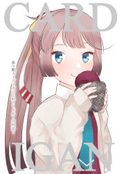 Rule 34 | 1girl, absurdres, aqua necktie, blue eyes, brown hair, commentary request, food, gradient hair, gumiko, hair ribbon, highres, jacket, kantai collection, kazagumo (kancolle), long hair, multicolored hair, necktie, ponytail, ribbon, simple background, solo, sweet potato, translation request, upper body, white background, white jacket
