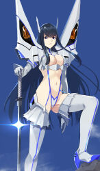 Rule 34 | 1girl, absurdres, black hair, blue eyes, boots, breasts, cleavage, cleavage cutout, clothing cutout, commentary request, hair ornament, highres, junketsu, katana, kill la kill, kiryuuin satsuki, large breasts, long hair, looking at viewer, navel, prime (prime tw), revealing clothes, sidelocks, solo, sword, thick eyebrows, thigh boots, underbust, weapon