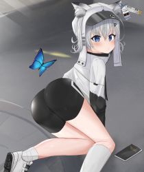 Rule 34 | 1girl, absurdres, all fours, animal ears, artist request, ass, bike shorts, blue eyes, blush, bug, butterfly, cellphone, from behind, goddess of victory: nikke, grey hair, highres, hood, hoodie, insect, looking at viewer, n102 (nikke), phone, shiny clothes, shiny skin, shoes, short hair, short shorts, shorts, sneakers, socks, solo