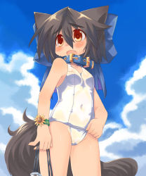 Rule 34 | 1girl, animal ears, black hair, collar, day, fang, flower, highres, kannagi cocoa, one-piece swimsuit, original, red eyes, school swimsuit, see-through, solo, sunflower, swimsuit, tail, tears, toba hiyoko, wet, wet clothes, white school swimsuit, white one-piece swimsuit