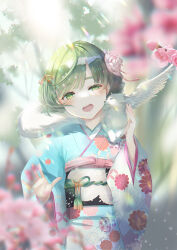 Rule 34 | 1girl, absurdres, blue kimono, blurry, blurry background, blurry foreground, branch, chinese zodiac, commentary request, creature, day, depth of field, floral print, flower, green eyes, green hair, half-closed eye, head tilt, highres, japanese clothes, kimono, long sleeves, naruse chisato, nengajou, new year, obi, on shoulder, original, outdoors, pink flower, print kimono, sash, solo, thick eyebrows, uneven eyes, wide sleeves, year of the dragon