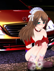 Rule 34 | 1girl, 3d, blush, bottomless, breasts, brown hair, car, censored, collar, collarbone, convenient censoring, gloves, green eyes, hands on own knees, himuro kouichi, long hair, looking at viewer, maid, maid headdress, mercedes-benz, motor vehicle, night, pavement, peeing, pink footwear, pink legwear, puddle, pussy, pussy juice, red gloves, red shirt, roshutsu meirei 2, shirt, shoes, short sleeves, small breasts, socks, squatting, steam, steam censor, sweat, tied shirt