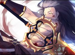 Rule 34 | 1boy, black hair, blood, blood on face, blood on hands, bracelet, commentary request, dark-skinned male, dark skin, fate/grand order, fate/stay night, fate (series), heracles (fate), highres, holding, holding sword, holding weapon, jewelry, long hair, looking at viewer, male focus, marmyadose (fate), muscular, muscular male, shin&#039;ya (yukiura), topless male, solo, sword, twitter username, weapon, alternate universe, yellow eyes