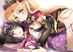 Rule 34 | 2girls, black dress, blonde hair, blush, bow, breasts, brown hair, cape, cleavage, detached collar, dress, earrings, ereshkigal (fate), fate/grand order, fate (series), glasses, gold trim, hair ribbon, hairband, hood, hooded cape, hoop earrings, jewelry, large breasts, long hair, looking at viewer, medium breasts, motoi ayumu, multiple girls, open clothes, open mouth, open shirt, osakabehime (fate), parted bangs, pink shirt, puffy short sleeves, puffy sleeves, purple eyes, purple skirt, red bow, red eyes, ribbon, shirt, short sleeves, single sleeve, skirt, skull, spine, thighhighs, thighs, tiara, two side up, very long hair, white legwear, white shirt
