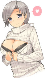 Rule 34 | 10s, 1girl, aaru (tenrake chaya), bikini, bikini under clothes, black bikini, blue eyes, blush, breasts, chitose (kancolle), cleavage, clothes pull, grey hair, hair ribbon, heart, kantai collection, large breasts, looking at viewer, meme attire, open-chest sweater, purple eyes, ribbed sweater, ribbon, shirt pull, simple background, smile, solo, spoken heart, sweater, swimsuit, swimsuit under clothes, white background